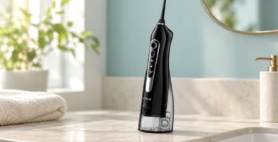 Irrigador dental COSLUS C20 negro con depósito transparente sobre una encimera de baño.